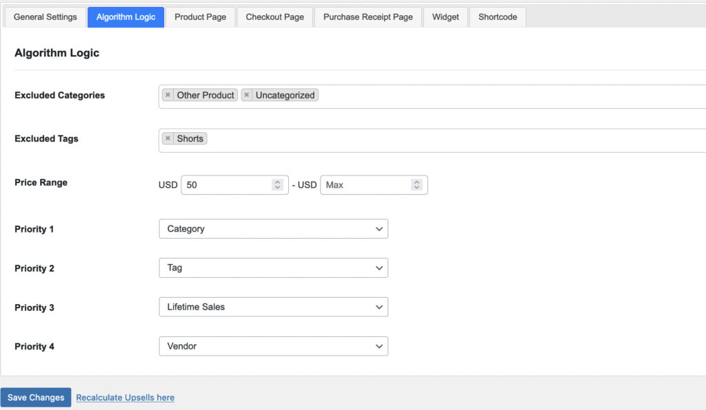 Algorithm Settings UpsellMaster |
